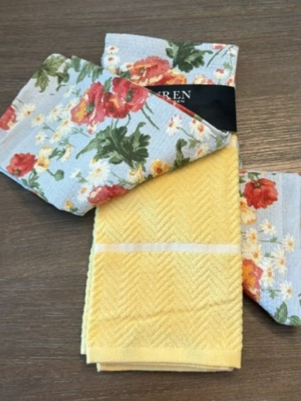 Lauren Ralph Lauren Kitchen Towels Dishcloths 3pc Floral Yellow White Stripe NWT